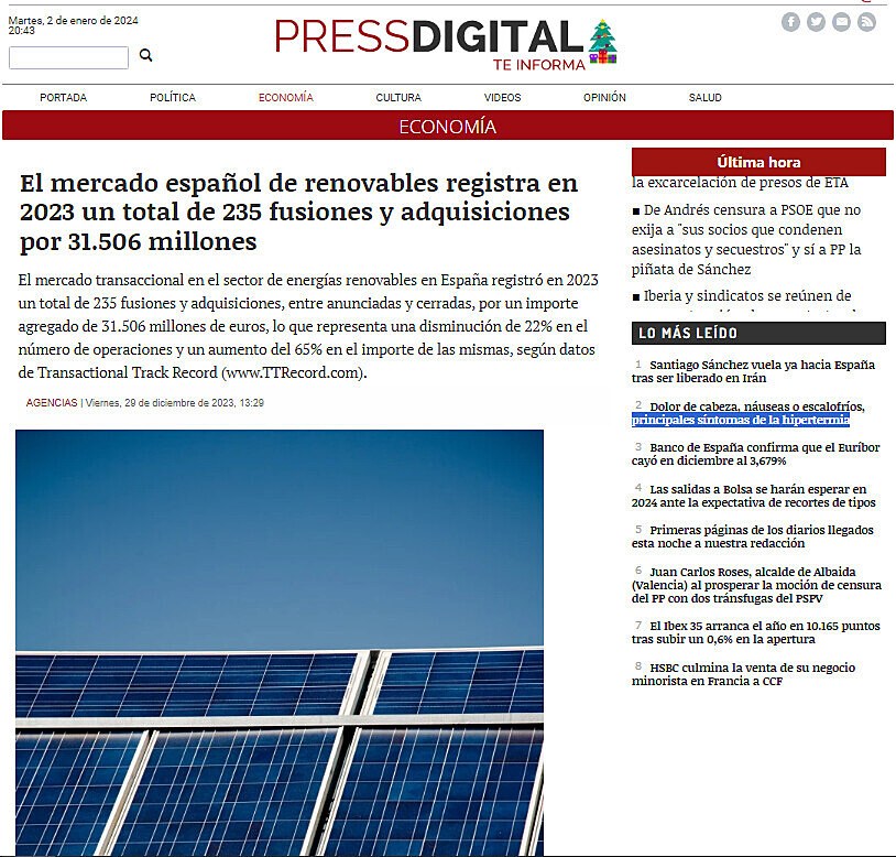El mercado espaol de renovables registra en 2023 un total de 235 fusiones y adquisiciones por 31.506 millones